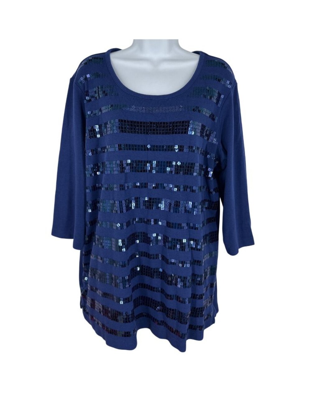 Quacker Factory Women's Blue Sequined 3/4 Sleeve Round Neck Top Size XL